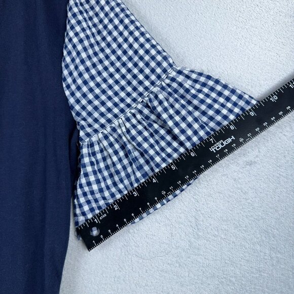 J. Crew Women's Shift Mini Dress Gingham Print Bell Sleeve Back Zip Navy Size M - Picture 13 of 14